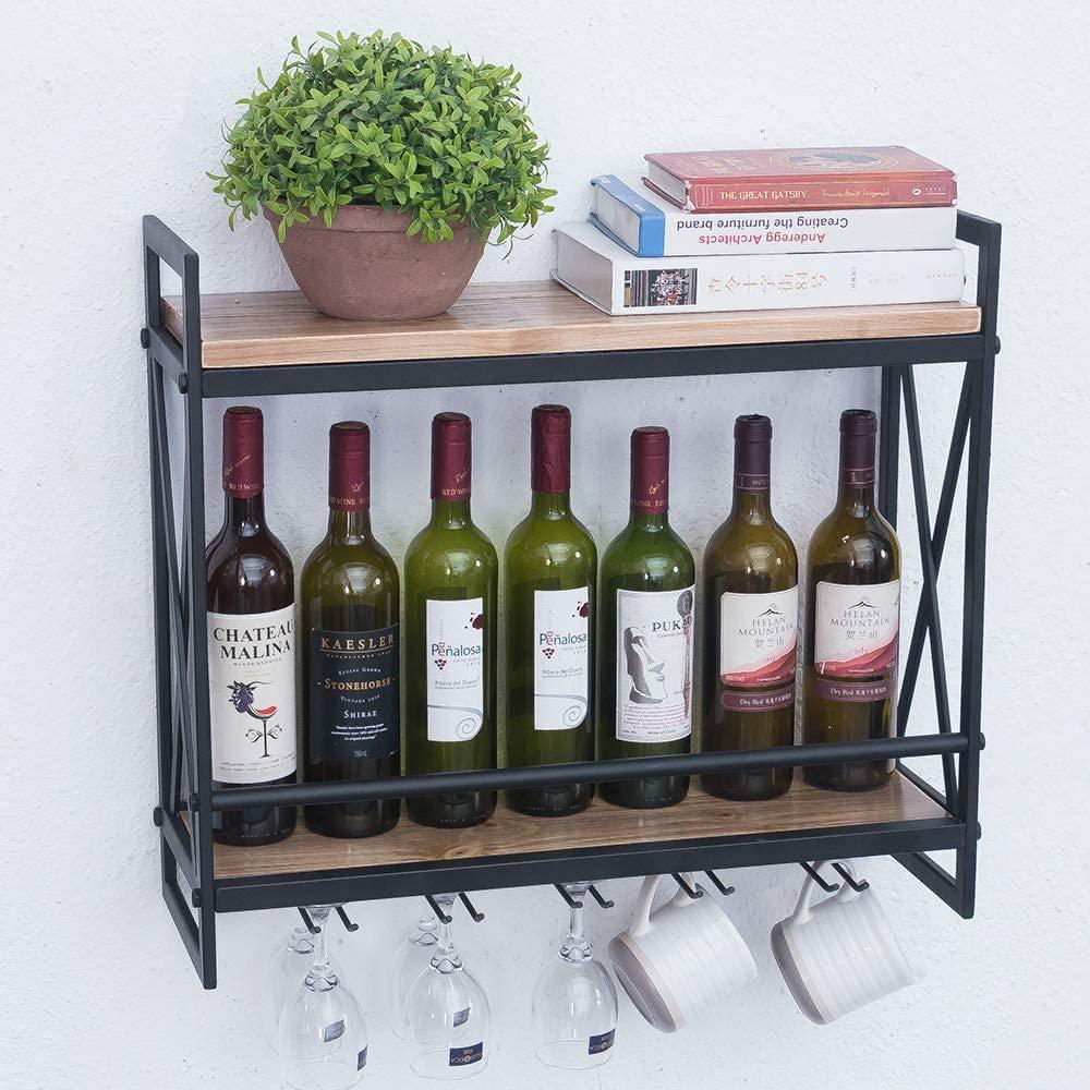 Black industrial wine rack wall mounted, made of solid pine wood and galvanized steel, showcasing wine bottles elegantly.