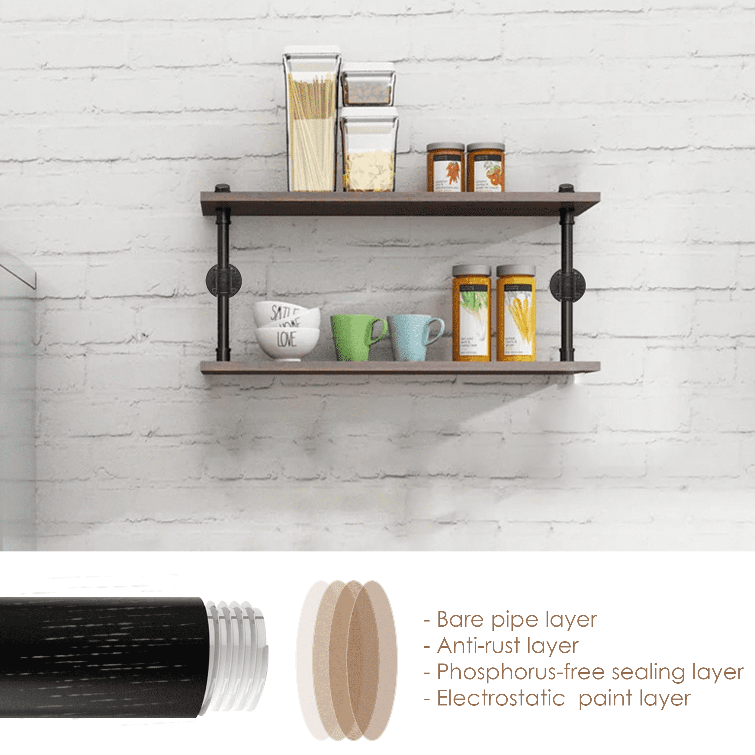 2 Tier 24in Rustic Style Industrial Pipe Shelving made of solid pine wood and galvanized steel, showcasing a stylish and functional design.