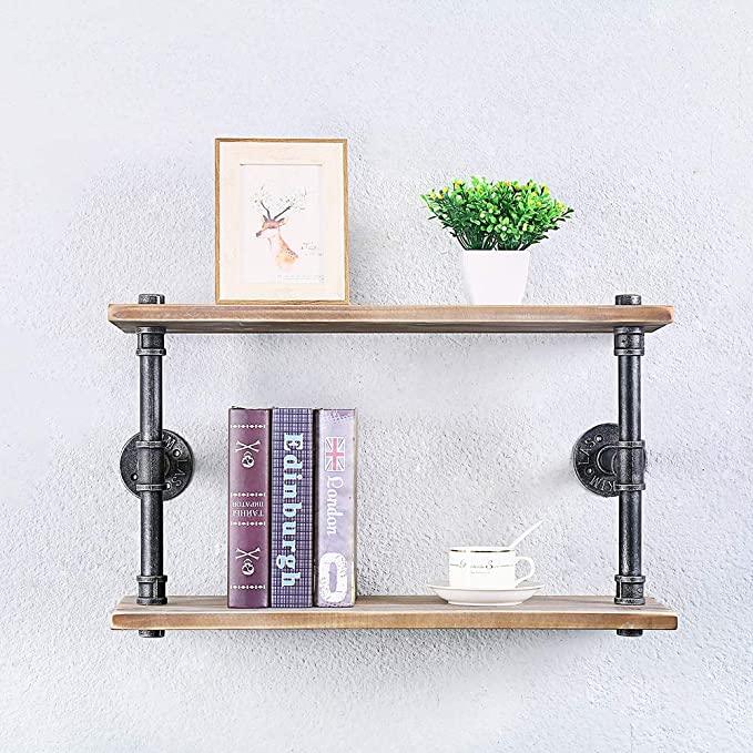 2 Tier 24in Rustic Style Industrial Pipe Shelving made of solid pine wood and galvanized steel, showcasing a stylish and functional design.