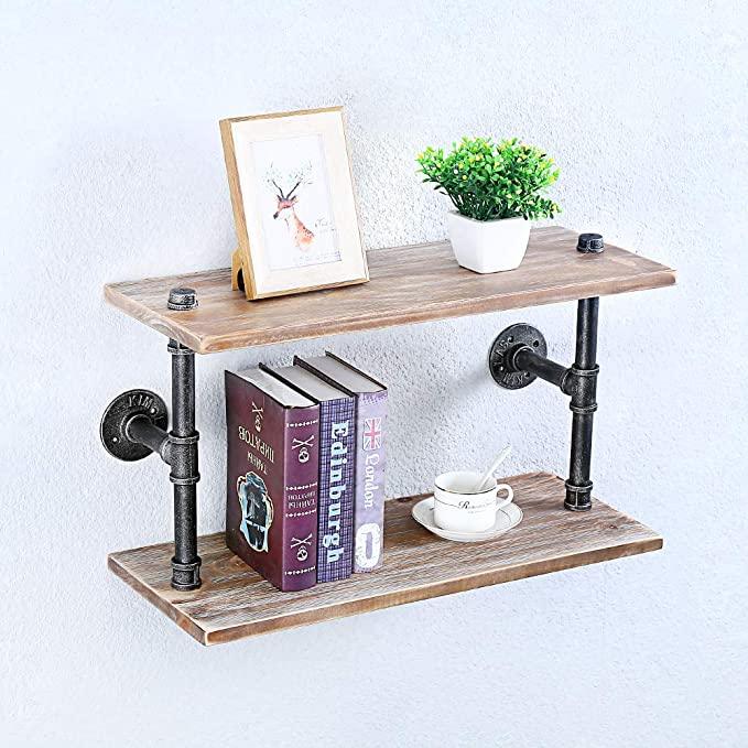 2 Tier 24in Rustic Style Industrial Pipe Shelving made of solid pine wood and galvanized steel, showcasing a stylish and functional design.