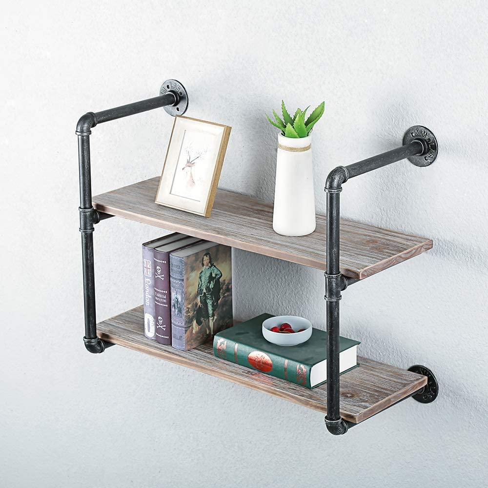 2 Tier Industrial Pipe Shelving made of solid pine wood and galvanized steel, showcasing a rustic design suitable for home or office use.