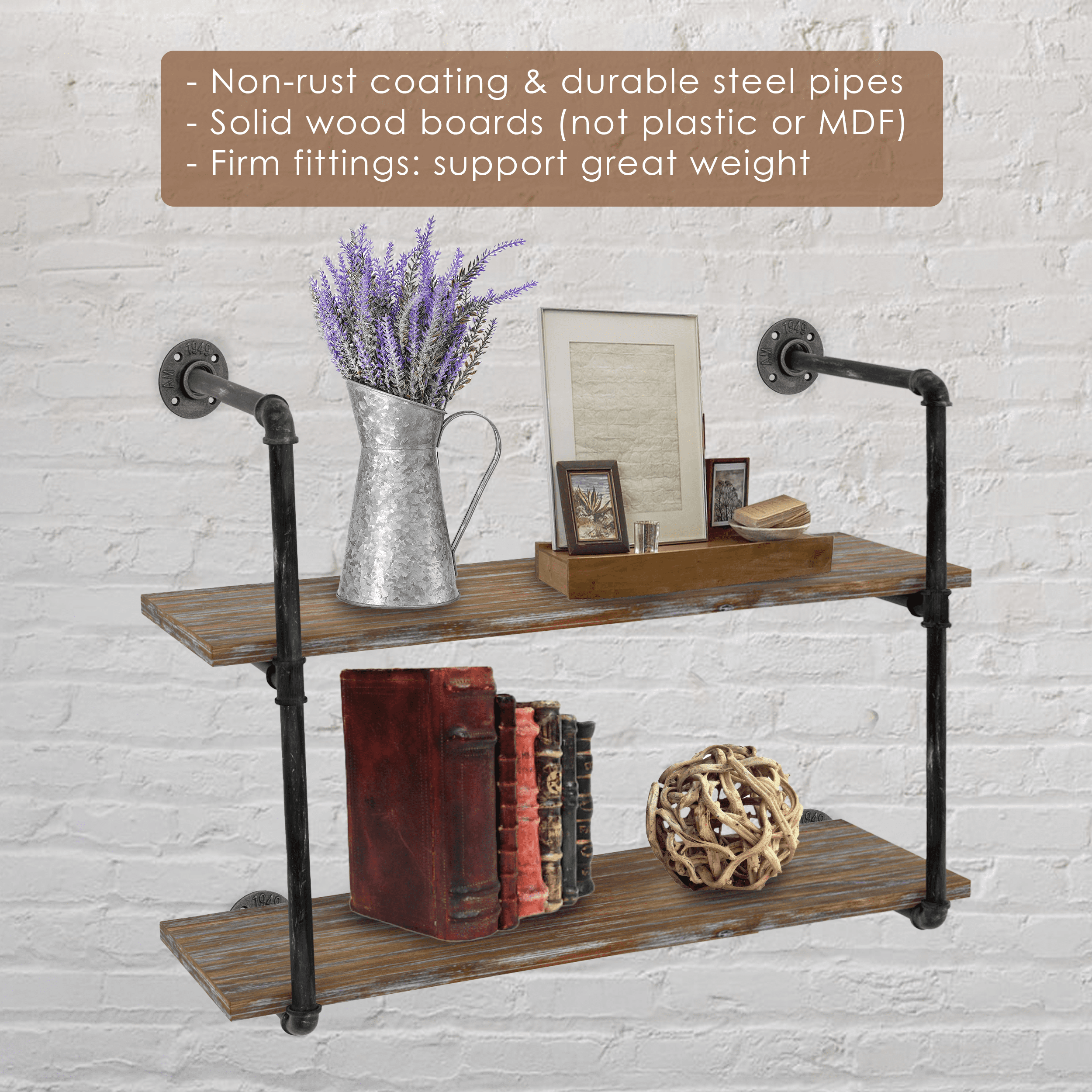 2 Tier Industrial Pipe Shelving made of solid pine wood and galvanized steel, showcasing a rustic design suitable for home or office use.