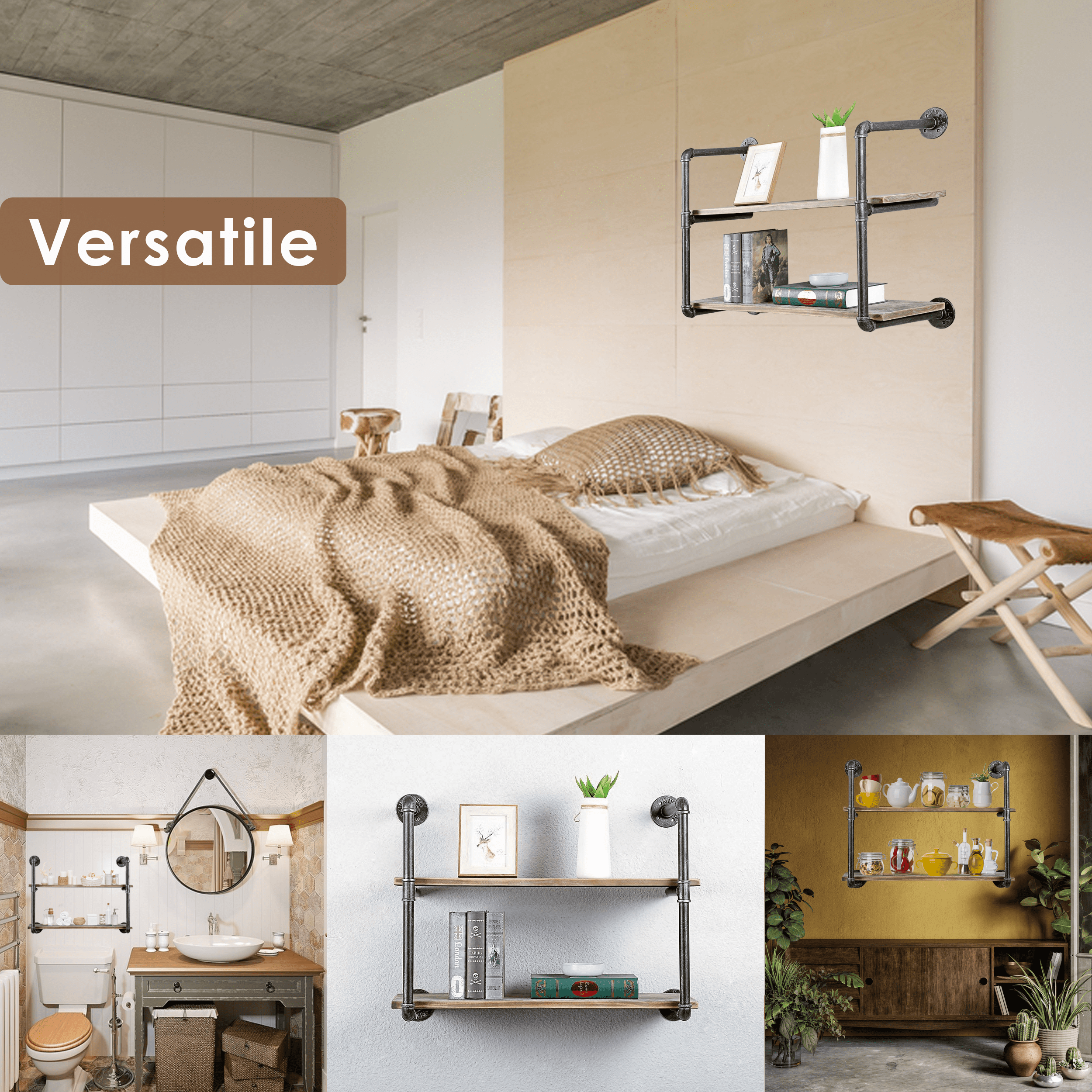 2 Tier Industrial Pipe Shelving made of solid pine wood and galvanized steel, showcasing a rustic design suitable for home or office use.