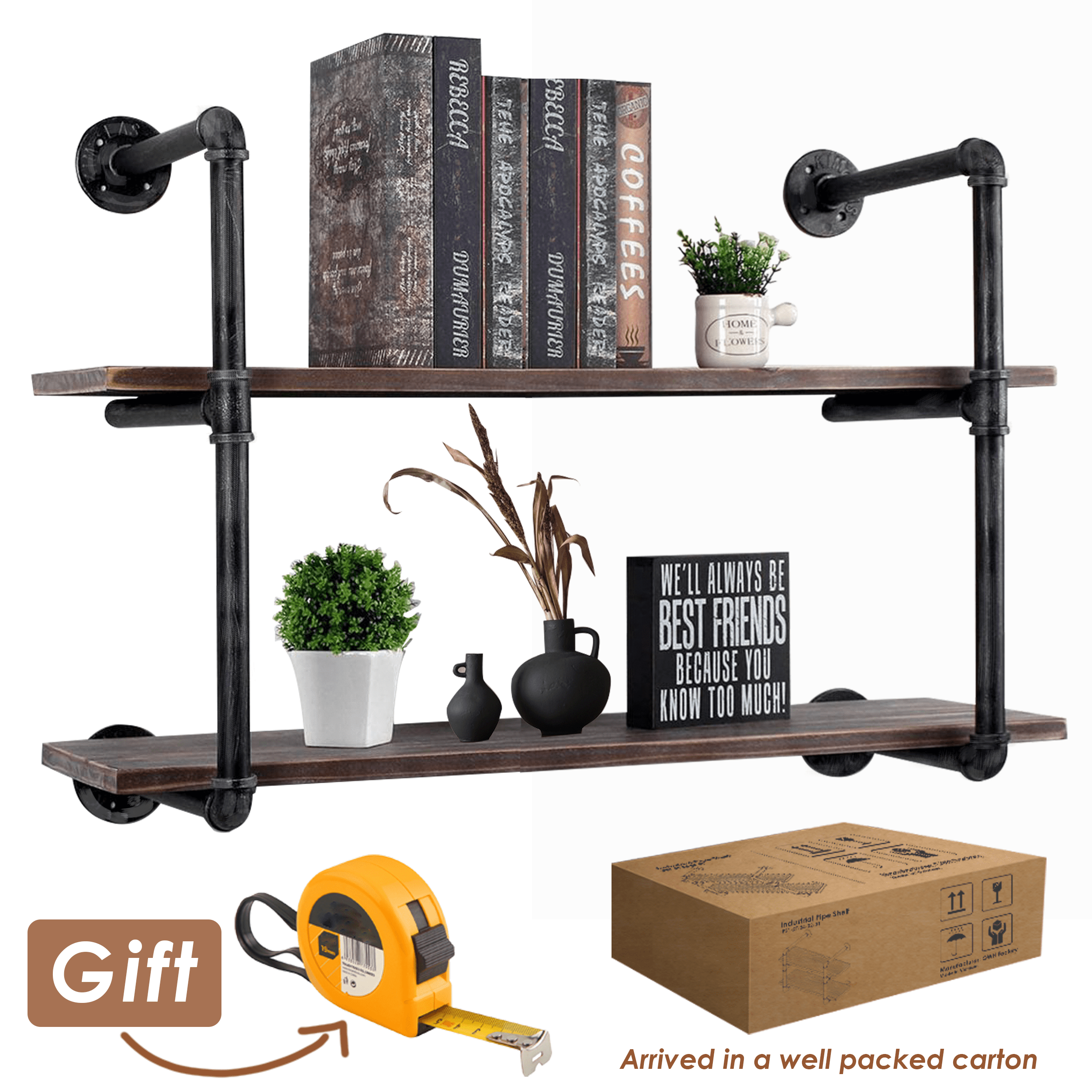 2 Tier Industrial Pipe Shelving made of solid pine wood and galvanized steel, showcasing a rustic design with rounded corners and sturdy construction.
