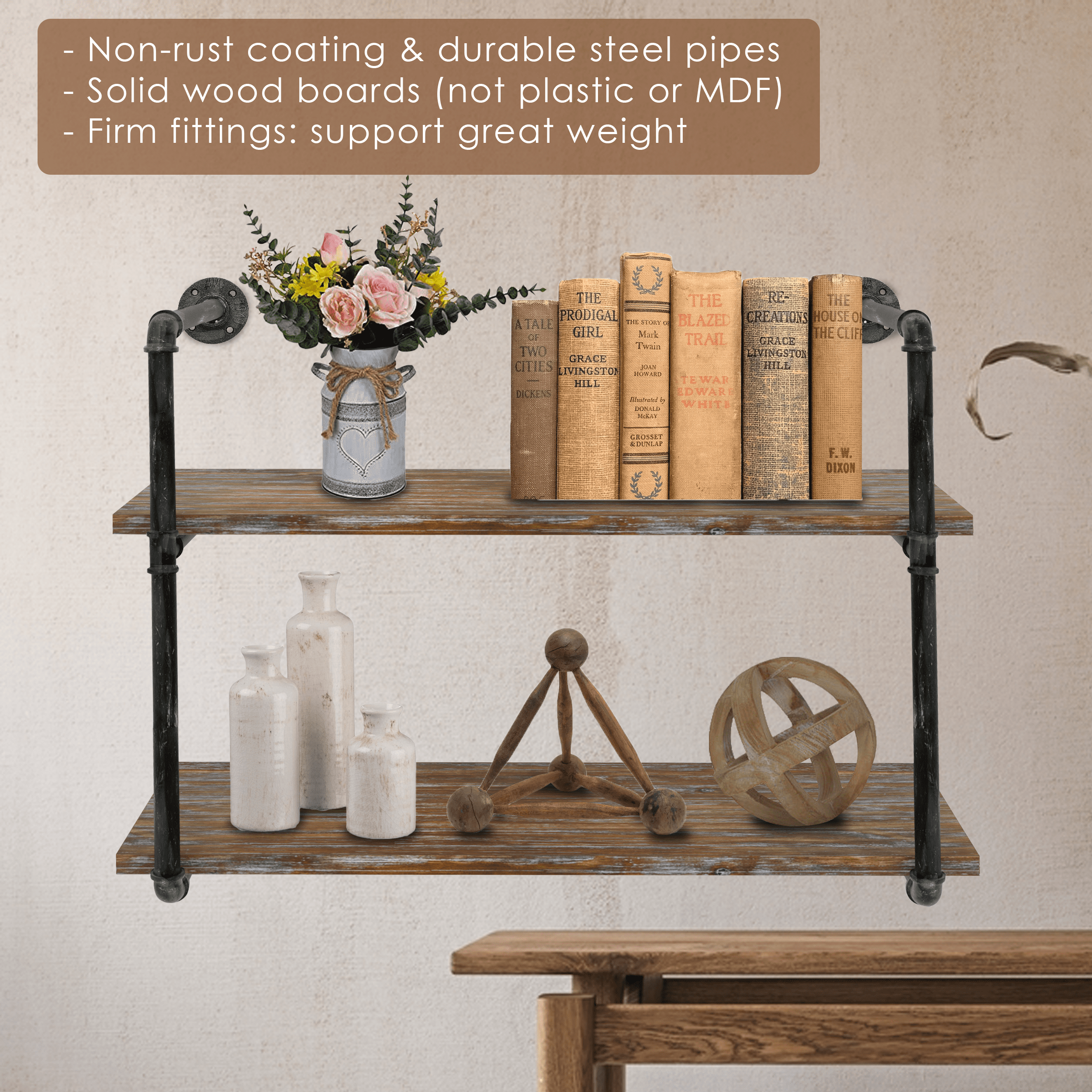 2 Tier Industrial Pipe Shelving made of solid pine wood and galvanized steel, showcasing a rustic design with rounded corners and sturdy construction.