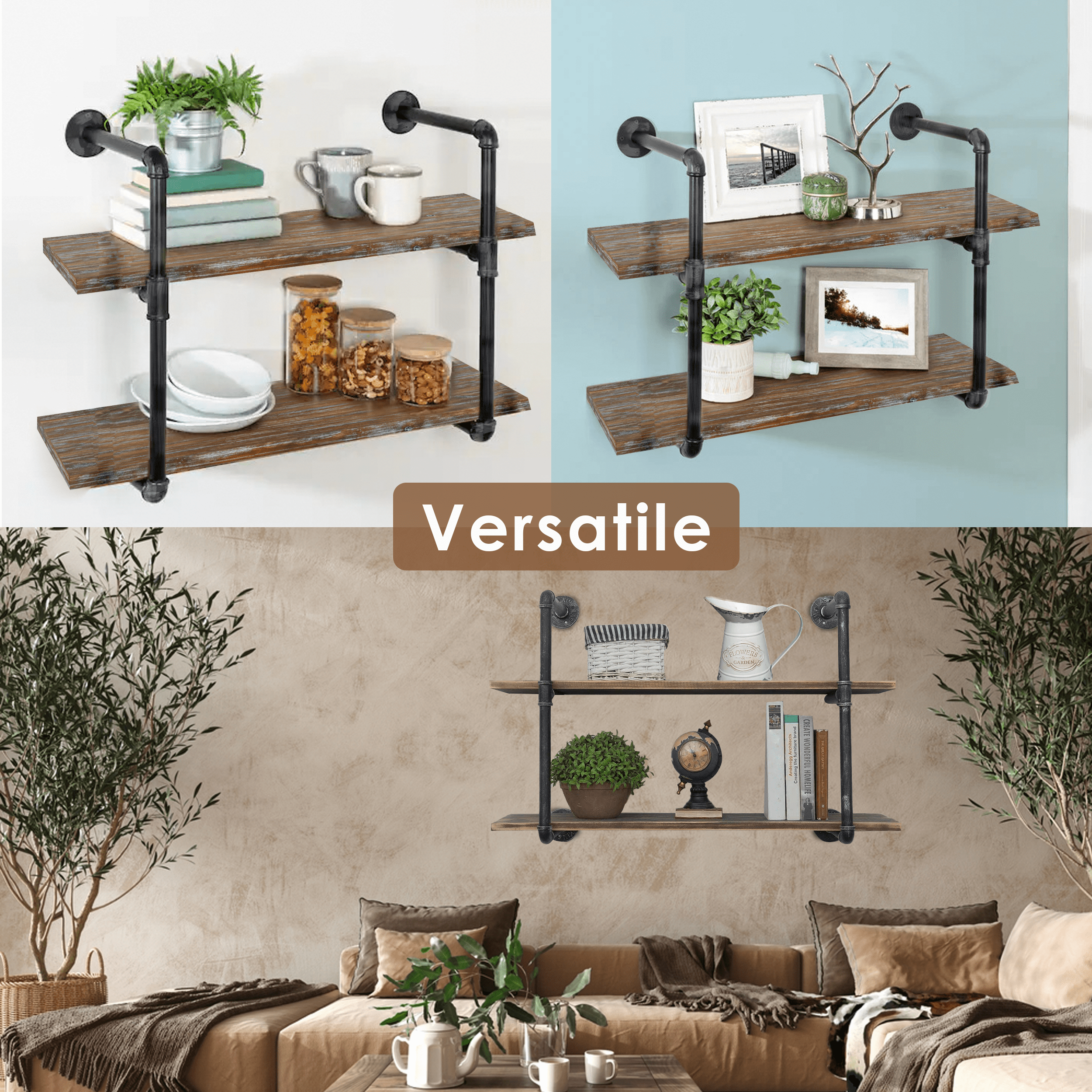 2 Tier Industrial Pipe Shelving made of solid pine wood and galvanized steel, showcasing a rustic design with rounded corners and sturdy construction.