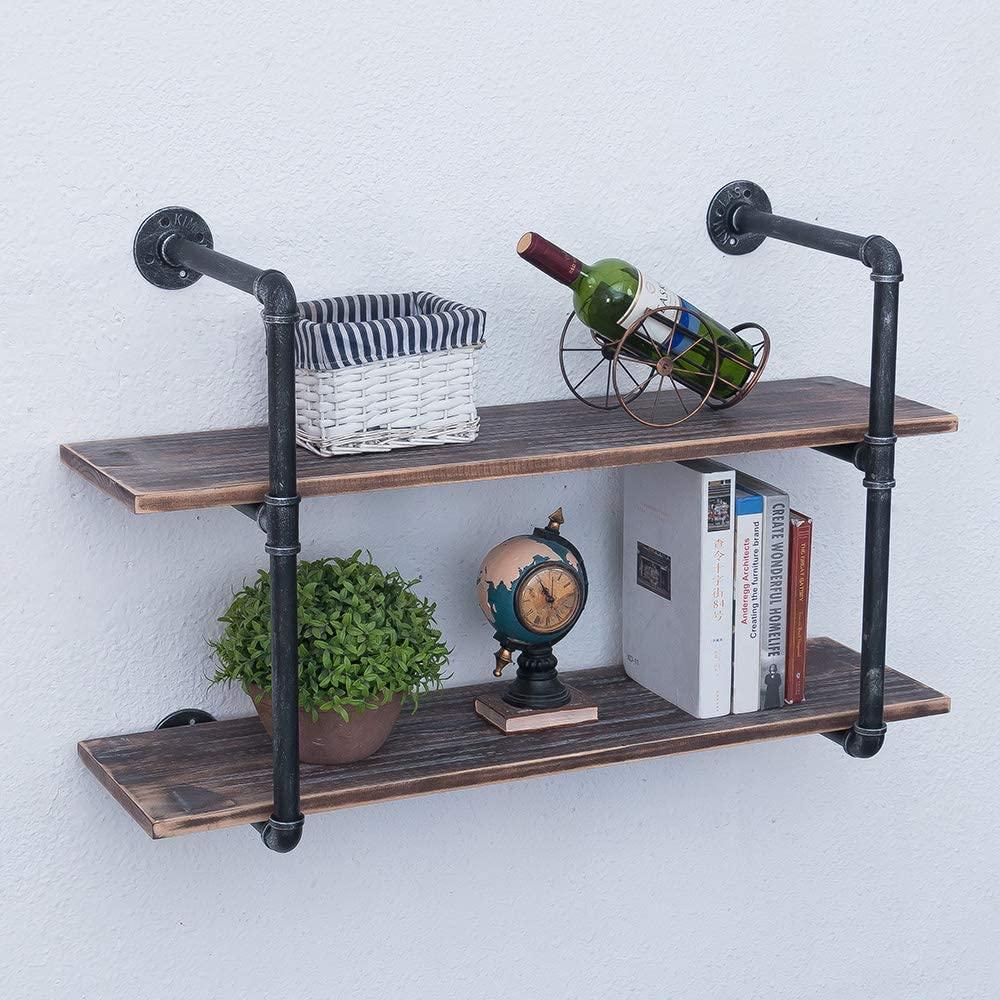 2 Tier Industrial Pipe Shelving made of solid pine wood and galvanized steel, showcasing a rustic design with rounded corners and sturdy construction.