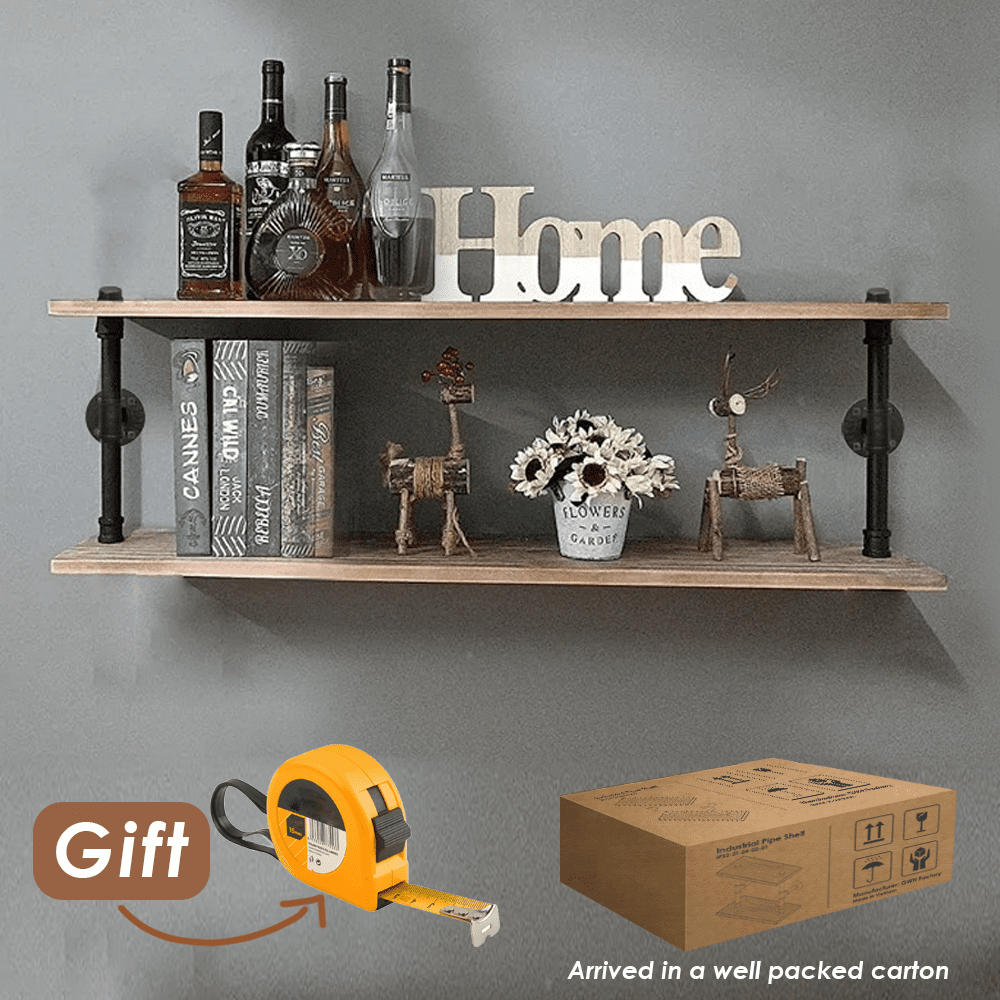 Rustic Style 2 Tier Industrial Pipe Shelving made from solid pine wood and galvanized steel, showcasing its sturdy design and natural finish.