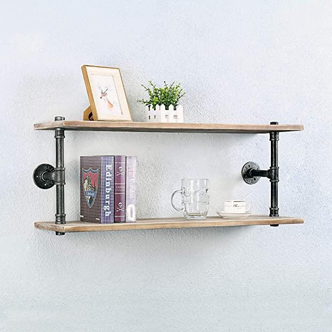 Rustic Style 2 Tier Industrial Pipe Shelving made from solid pine wood and galvanized steel, showcasing its sturdy design and natural finish.