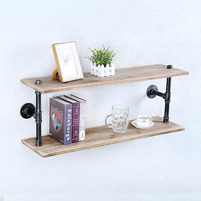 Rustic Style 2 Tier Industrial Pipe Shelving made from solid pine wood and galvanized steel, showcasing its sturdy design and natural finish.