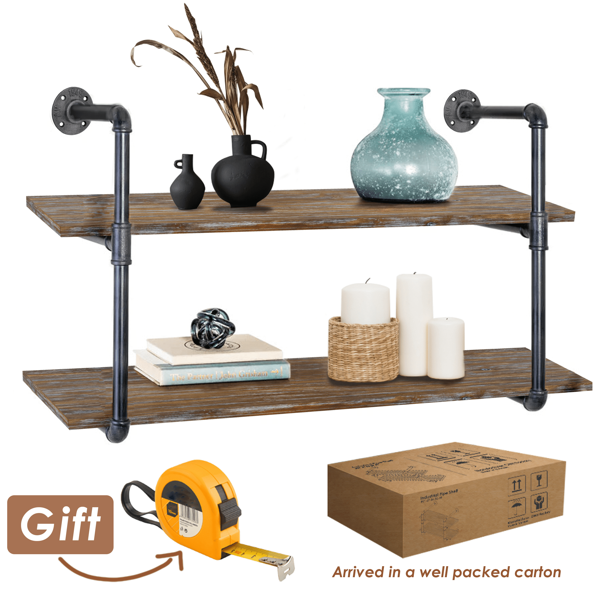 2 Tier Industrial Pipe Shelving made of solid pine wood and galvanized steel, showcasing a rustic industrial design suitable for various decor styles.