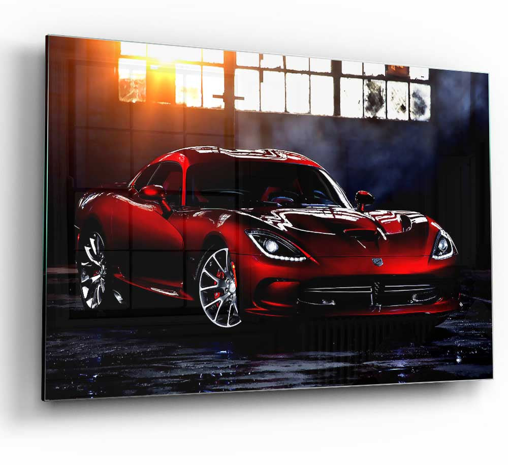 A modern glass print featuring the 2013 Dodge Srt Viper, showcasing its sleek design and vibrant colors.