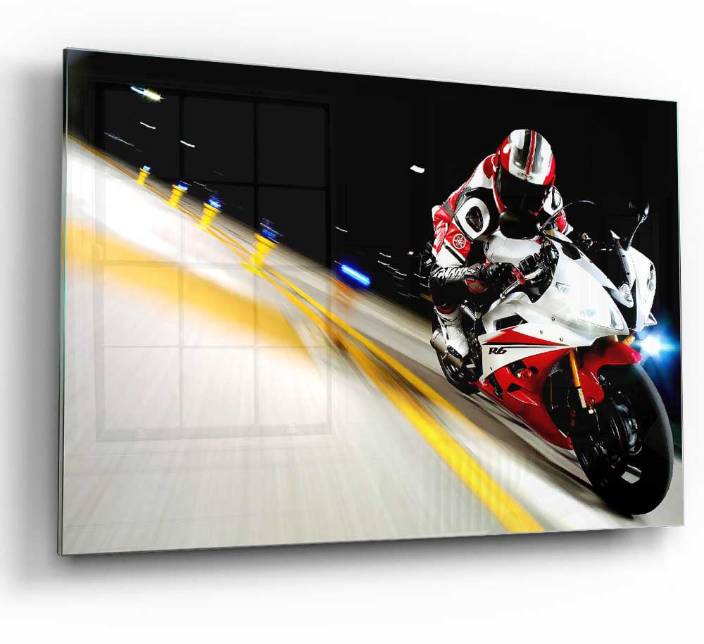 A vibrant glass print featuring the 2007 Yamaha Yzfr6 motorcycle, showcasing its sleek design and modern aesthetics.