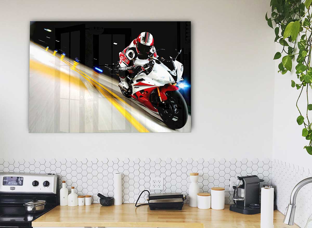 A vibrant glass print featuring the 2007 Yamaha Yzfr6 motorcycle, showcasing its sleek design and modern aesthetics.
