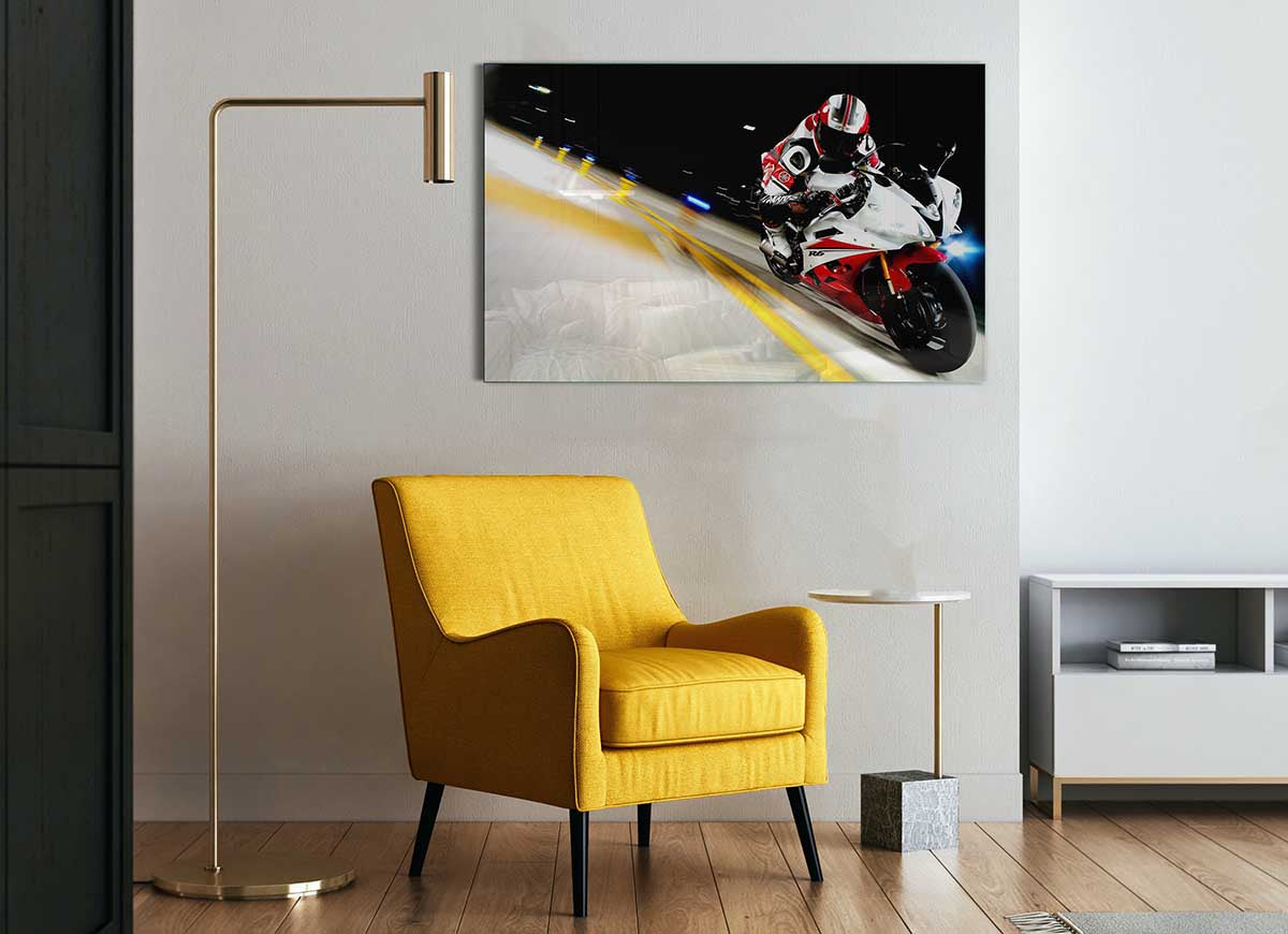 A vibrant glass print featuring the 2007 Yamaha Yzfr6 motorcycle, showcasing its sleek design and modern aesthetics.