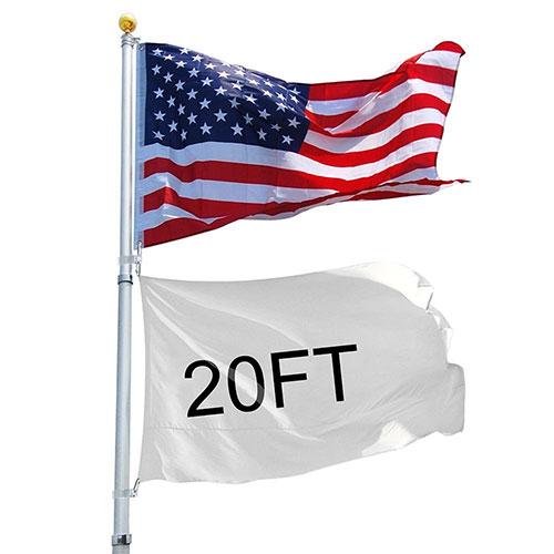20ft Telescopic Aluminum Flag Pole with two flags displayed, featuring a gold ball finial and PVC sleeve for stability.