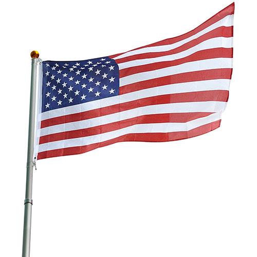 25ft Telescopic Aluminum Flag Pole with American Flag, showcasing its sturdy design and elegant top ball piece.