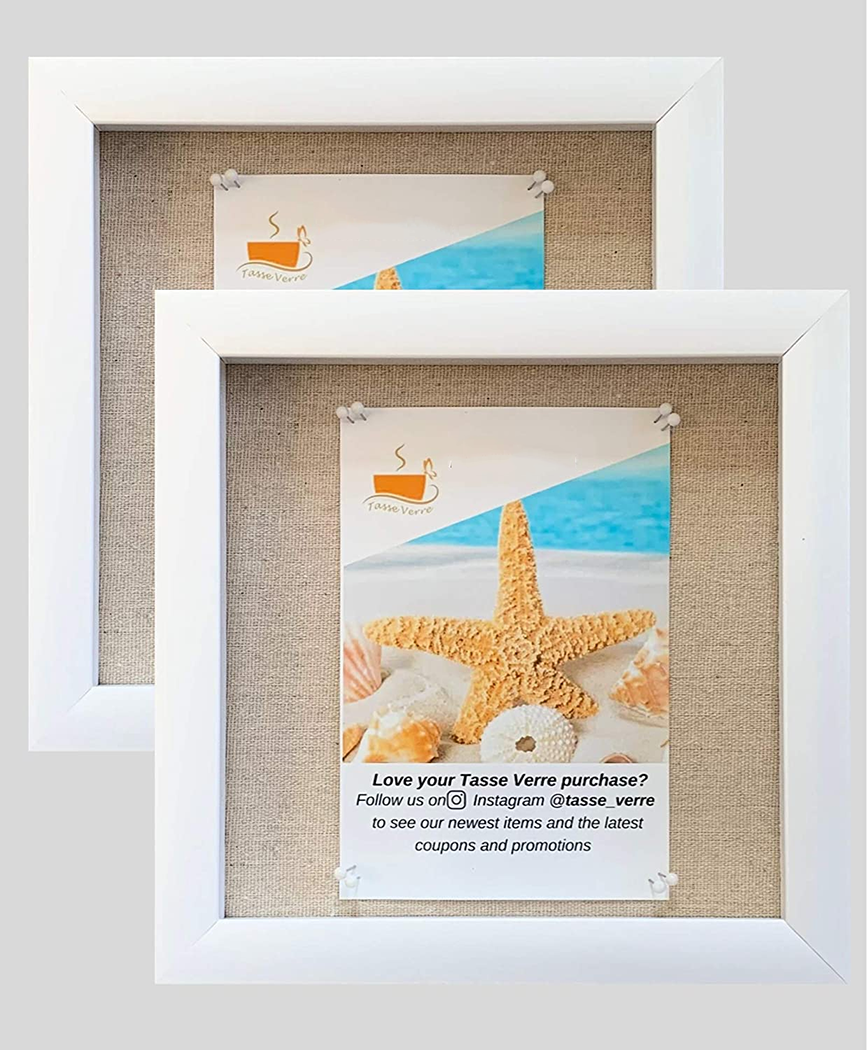 Two 8x8 white display shadow box frames with linen backgrounds, showcasing various memorabilia.