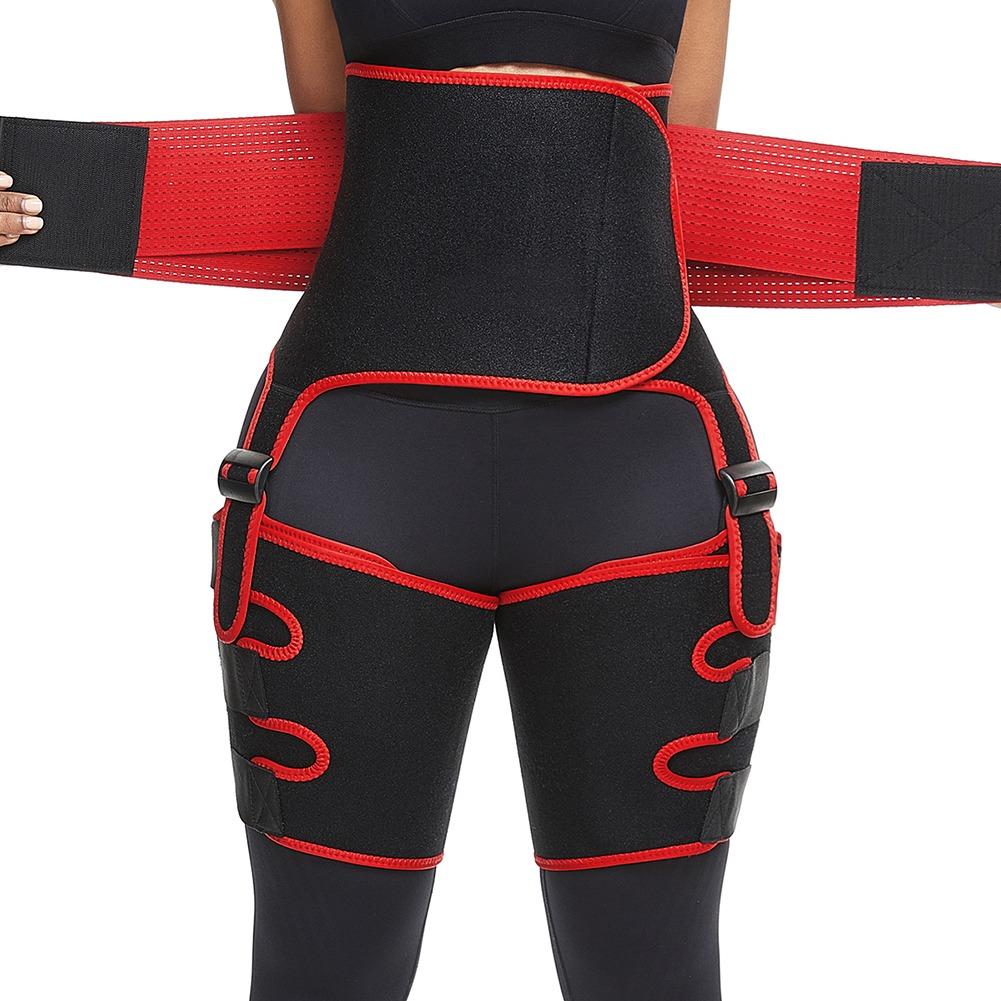 3 in 1 Fat Burner Slimming Body Shaper Belt in black and orange-red, made of neoprene and nylon, designed for anti-cellulite and enhanced sweating.
