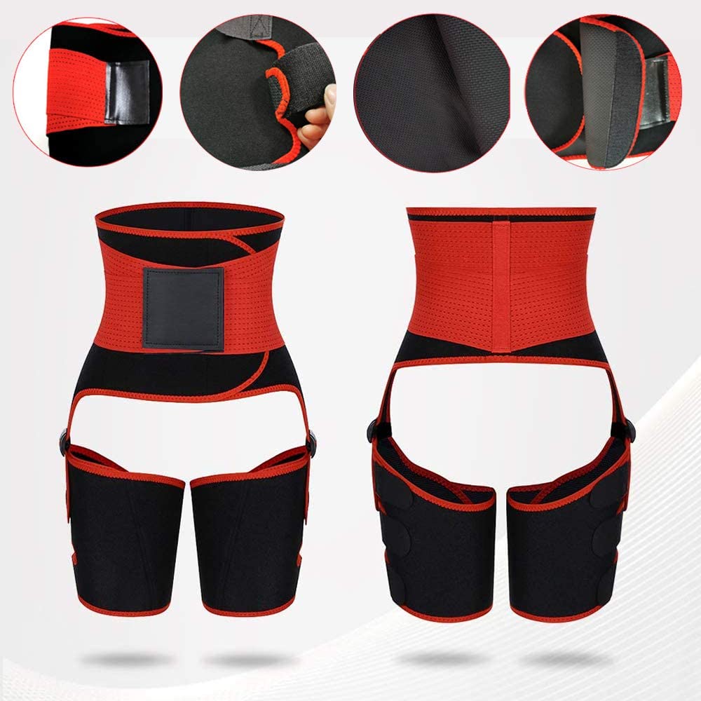 3 in 1 Fat Burner Slimming Body Shaper Belt in black and orange-red, made of neoprene and nylon, designed for anti-cellulite and enhanced sweating.
