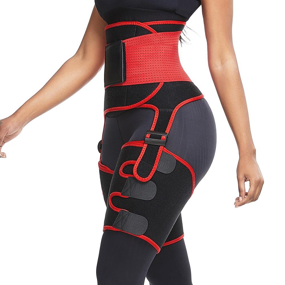 3 in 1 Fat Burner Slimming Body Shaper Belt in black and orange-red, made of neoprene and nylon, designed for anti-cellulite and enhanced sweating.