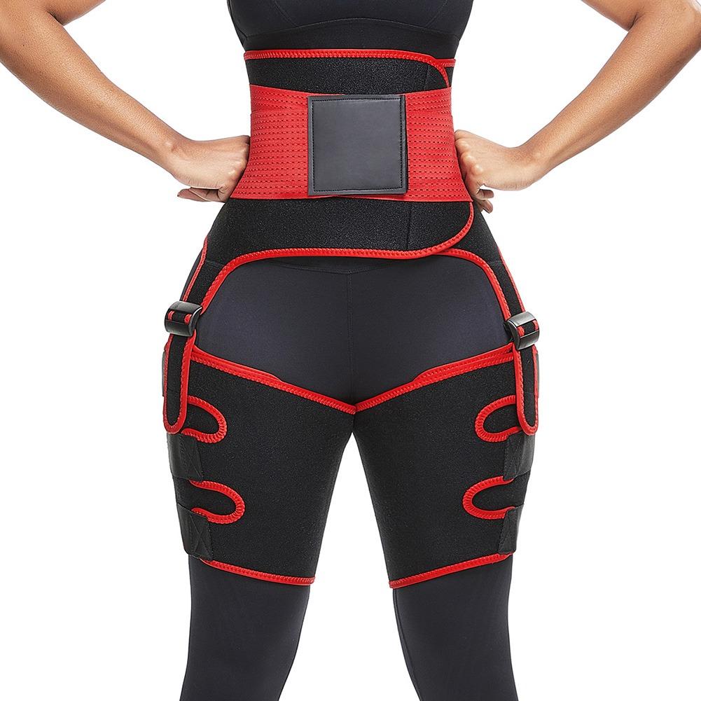 3 in 1 Fat Burner Slimming Body Shaper Belt in black and orange-red, made of neoprene and nylon, designed for anti-cellulite and enhanced sweating.