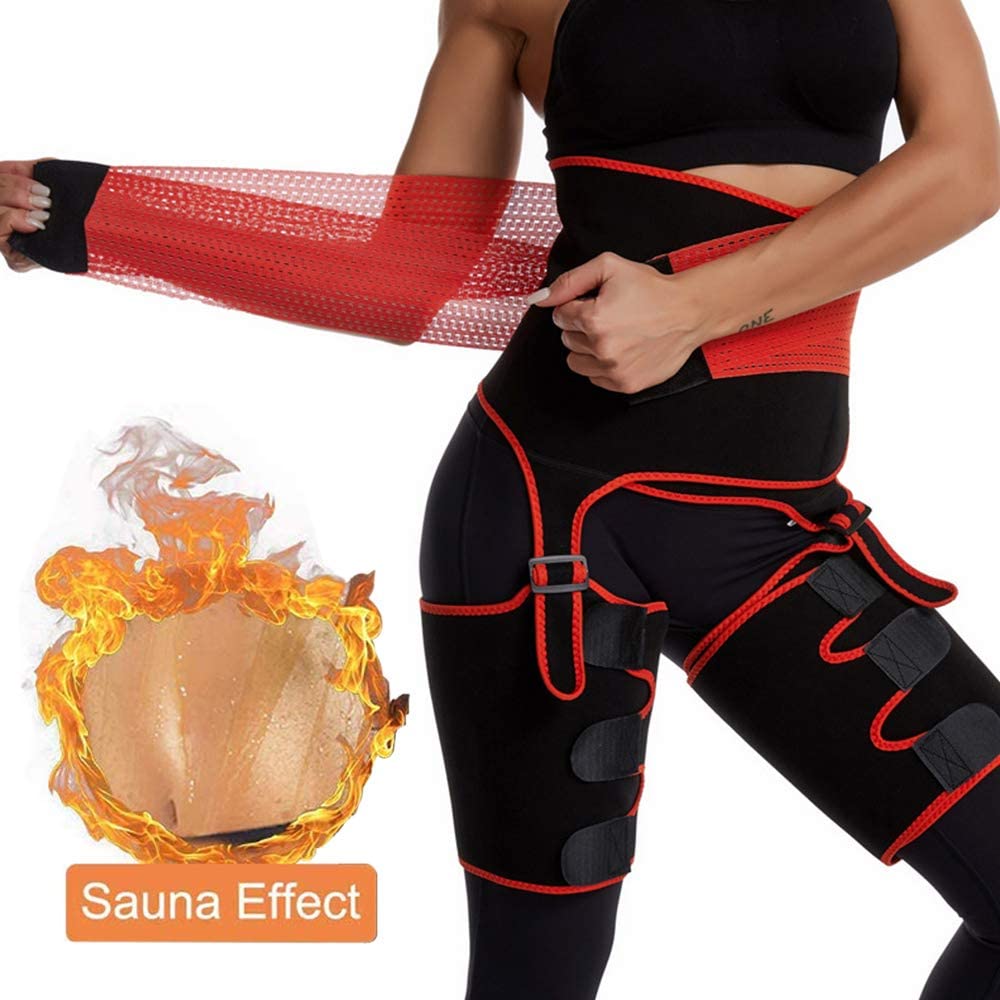 3 in 1 Fat Burner Slimming Body Shaper Belt in black and orange-red, made of neoprene and nylon, designed for anti-cellulite and enhanced sweating.