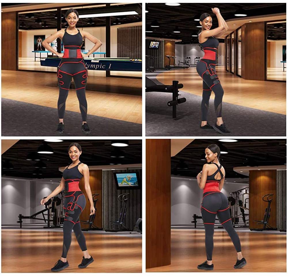 3 in 1 Fat Burner Slimming Body Shaper Belt in black and orange-red, made of neoprene and nylon, designed for anti-cellulite and enhanced sweating.