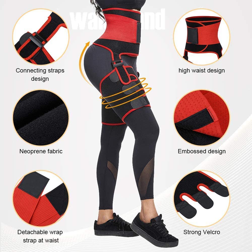 3 in 1 Fat Burner Slimming Body Shaper Belt in black and orange-red, made of neoprene and nylon, designed for anti-cellulite and enhanced sweating.