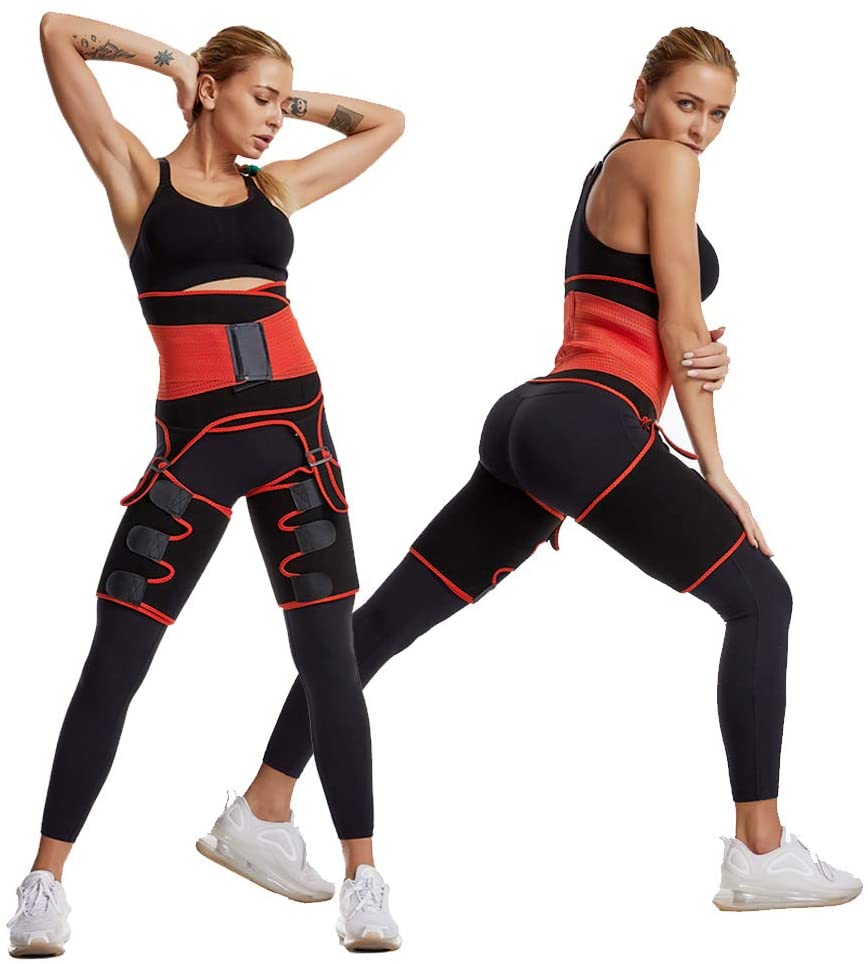 3 in 1 Fat Burner Slimming Body Shaper Belt in black and orange-red, made of neoprene and nylon, designed for anti-cellulite and enhanced sweating.