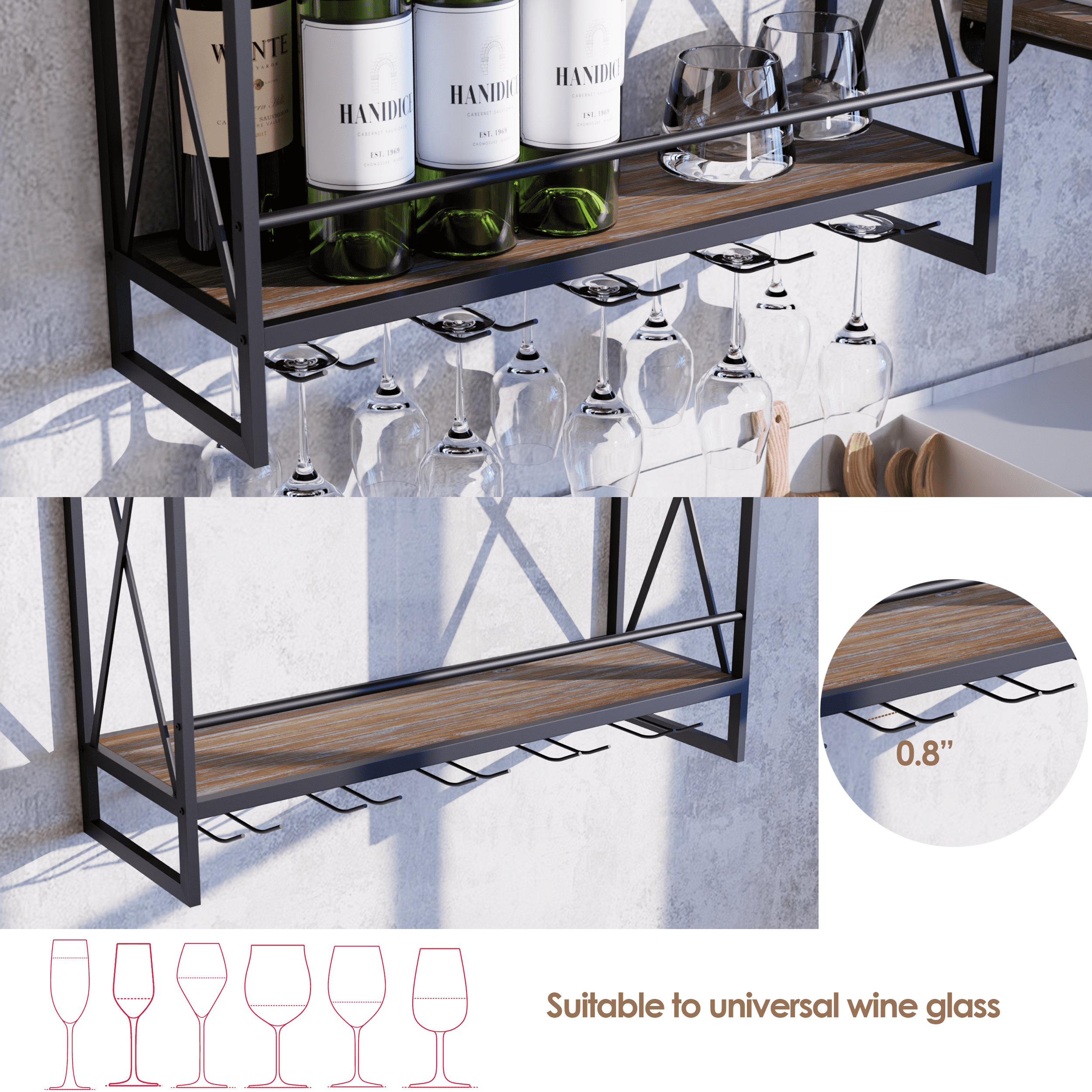 3 Tier Black Industrial Wine Rack Wall Mounted made of solid pine wood and galvanized steel, showcasing wine bottles elegantly.