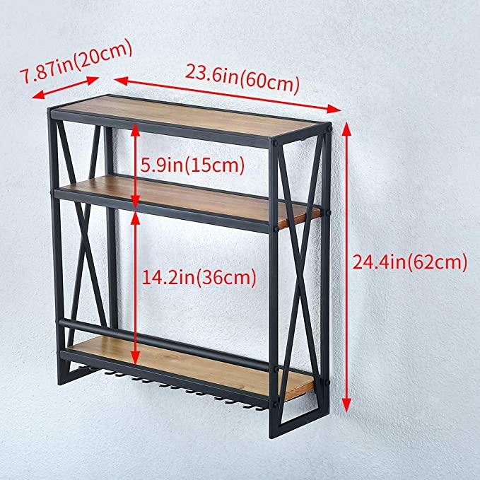 3 Tier Black Industrial Wine Rack Wall Mounted made of solid pine wood and galvanized steel, showcasing wine bottles elegantly.