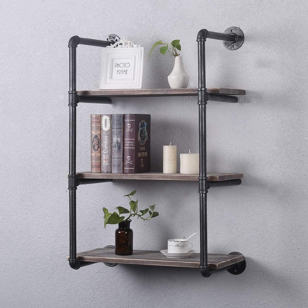 3 Tier Industrial Pipe Shelving made of solid pine wood and galvanized steel, showcasing a rustic design with rounded corners and a sturdy structure.
