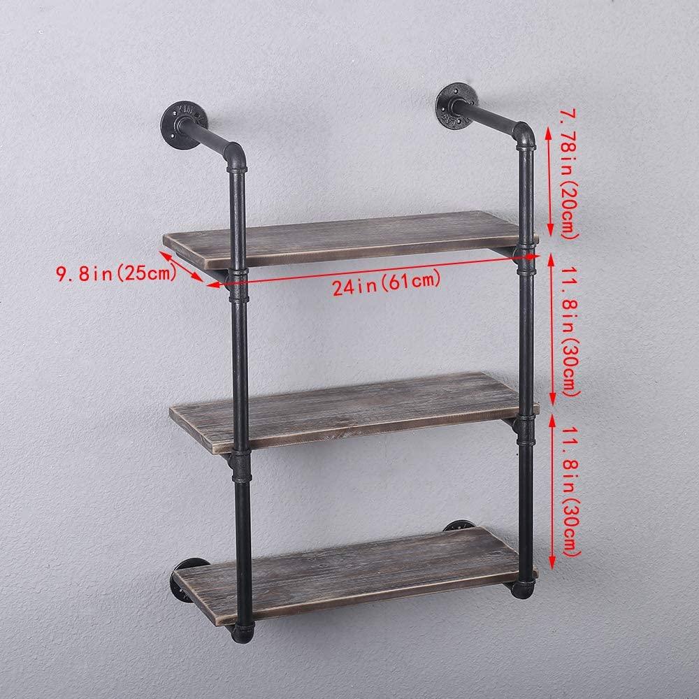 3 Tier Industrial Pipe Shelving made of solid pine wood and galvanized steel, showcasing a rustic design with rounded corners and a sturdy structure.