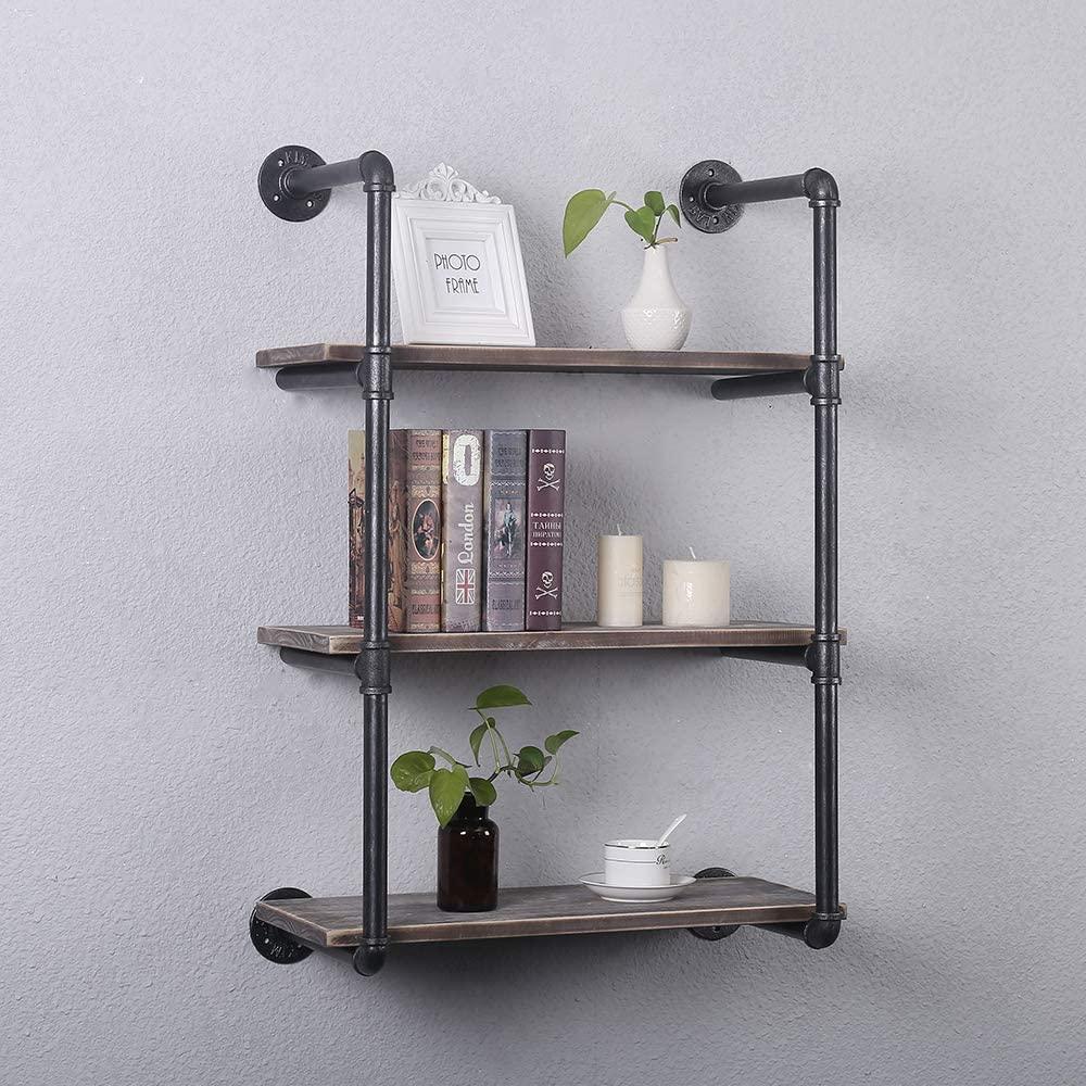 3 Tier Industrial Pipe Shelving made of solid pine wood and galvanized steel, showcasing a rustic design with rounded corners and a sturdy structure.