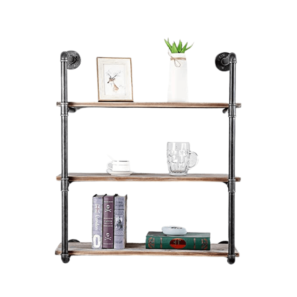 3 Tier Industrial Pipe Shelving made of solid pine wood and galvanized steel, showcasing a rustic design with rounded corners and sturdy construction.