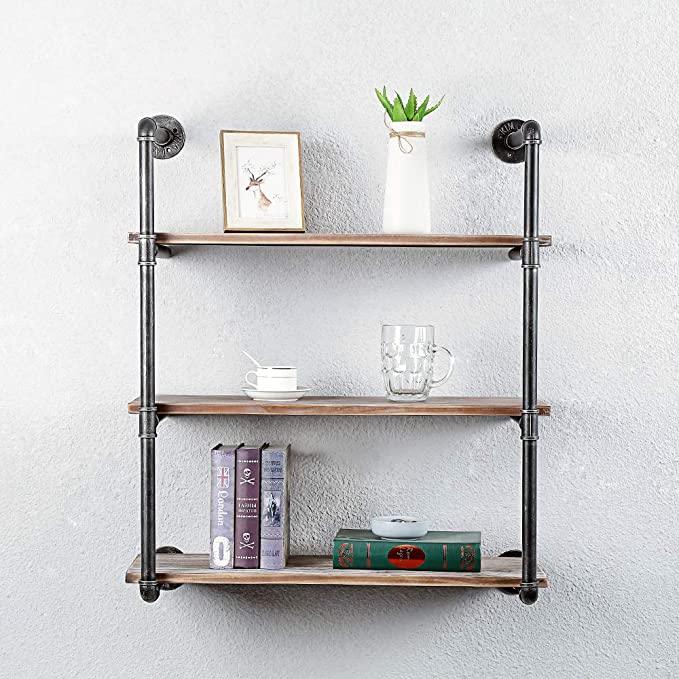 3 Tier Industrial Pipe Shelving made of solid pine wood and galvanized steel, showcasing a rustic design with rounded corners and sturdy construction.