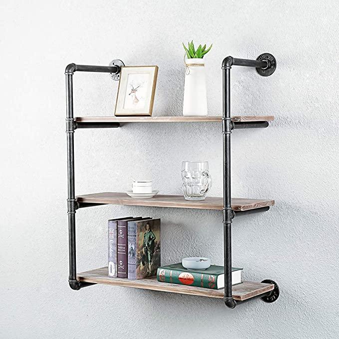 3 Tier Industrial Pipe Shelving made of solid pine wood and galvanized steel, showcasing a rustic design with rounded corners and sturdy construction.