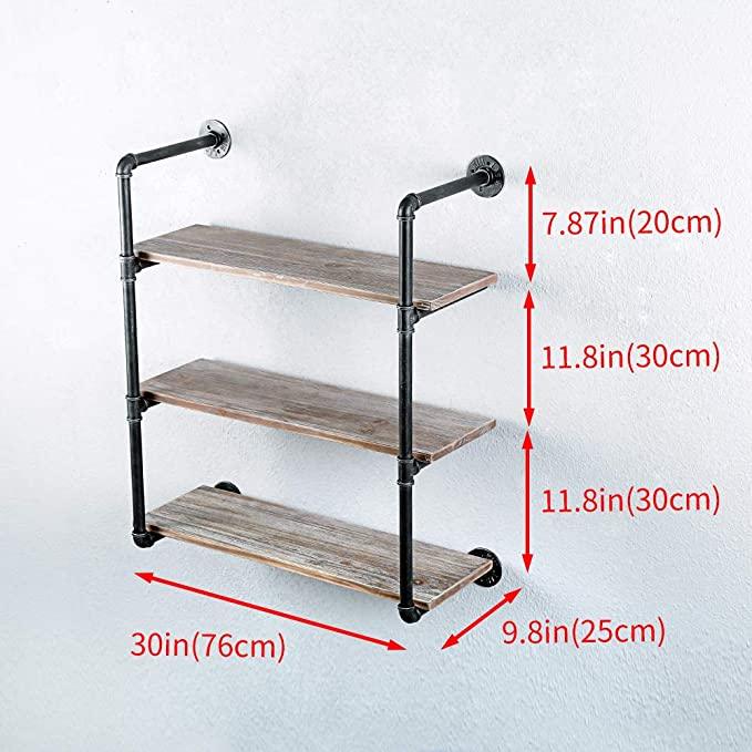 3 Tier Industrial Pipe Shelving made of solid pine wood and galvanized steel, showcasing a rustic design with rounded corners and sturdy construction.