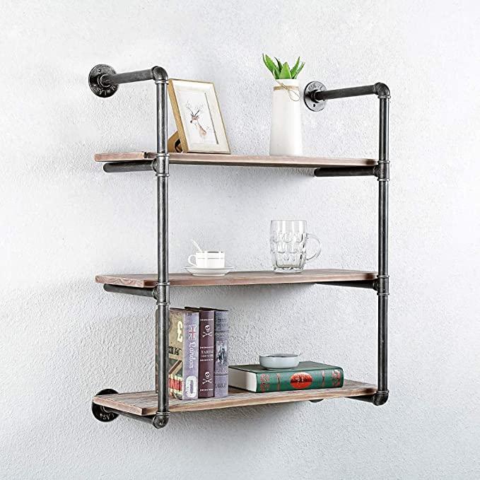 3 Tier Industrial Pipe Shelving made of solid pine wood and galvanized steel, showcasing a rustic design with rounded corners and sturdy construction.