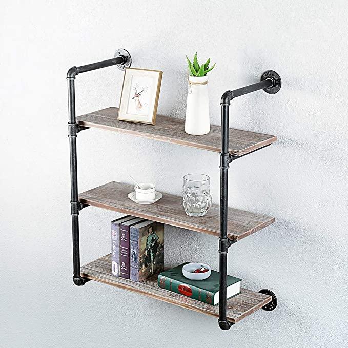 3 Tier Industrial Pipe Shelving made of solid pine wood and galvanized steel, showcasing a rustic design with rounded corners and sturdy construction.