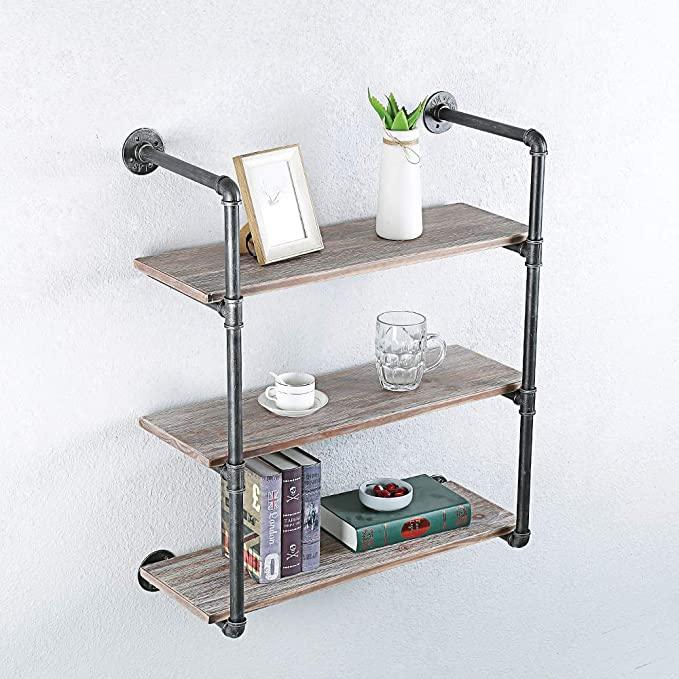 3 Tier Industrial Pipe Shelving made of solid pine wood and galvanized steel, showcasing a rustic design with rounded corners and sturdy construction.