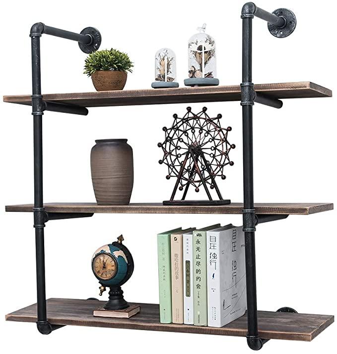 3 Tier Industrial Pipe Shelving made from solid pine wood and galvanized steel, showcasing a rustic design with rounded corners.