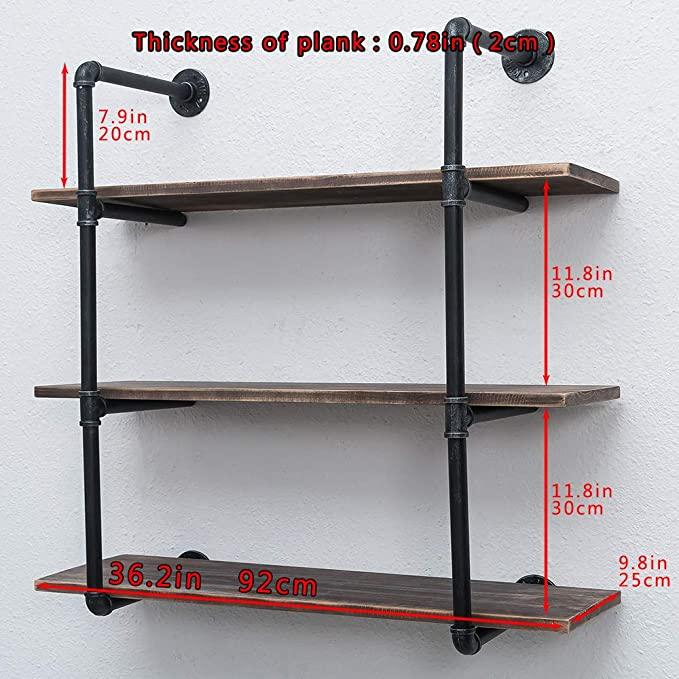 3 Tier Industrial Pipe Shelving made from solid pine wood and galvanized steel, showcasing a rustic design with rounded corners.