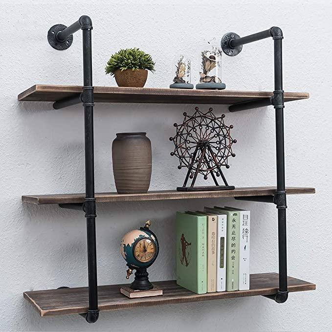 3 Tier Industrial Pipe Shelving made from solid pine wood and galvanized steel, showcasing a rustic design with rounded corners.
