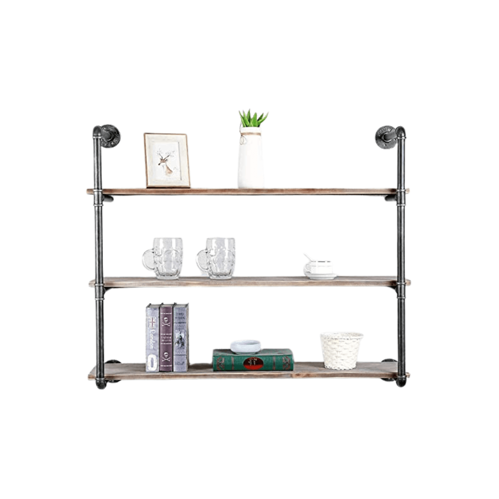 3 Tier Industrial Pipe Shelving made of solid pine wood and galvanized steel, showcasing a rustic design with rounded corners and a sturdy structure.