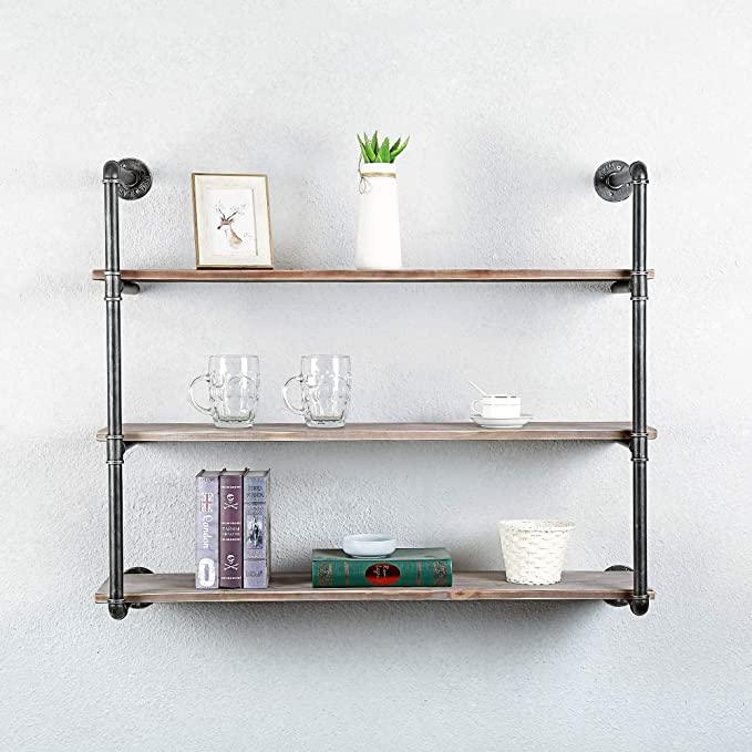 3 Tier Industrial Pipe Shelving made of solid pine wood and galvanized steel, showcasing a rustic design with rounded corners and a sturdy structure.