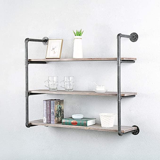 3 Tier Industrial Pipe Shelving made of solid pine wood and galvanized steel, showcasing a rustic design with rounded corners and a sturdy structure.