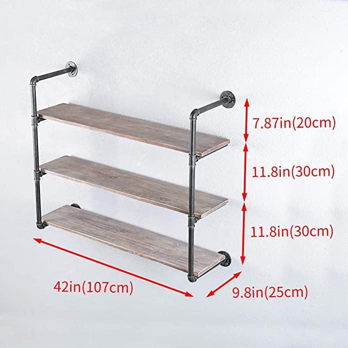 3 Tier Industrial Pipe Shelving made of solid pine wood and galvanized steel, showcasing a rustic design with rounded corners and a sturdy structure.