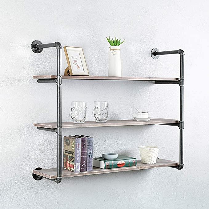 3 Tier Industrial Pipe Shelving made of solid pine wood and galvanized steel, showcasing a rustic design with rounded corners and a sturdy structure.